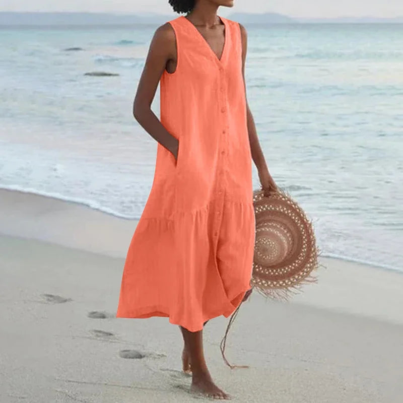 Summer Cotton Linen Patchwork Dress – V-Neck Sleeveless Midi with Pockets