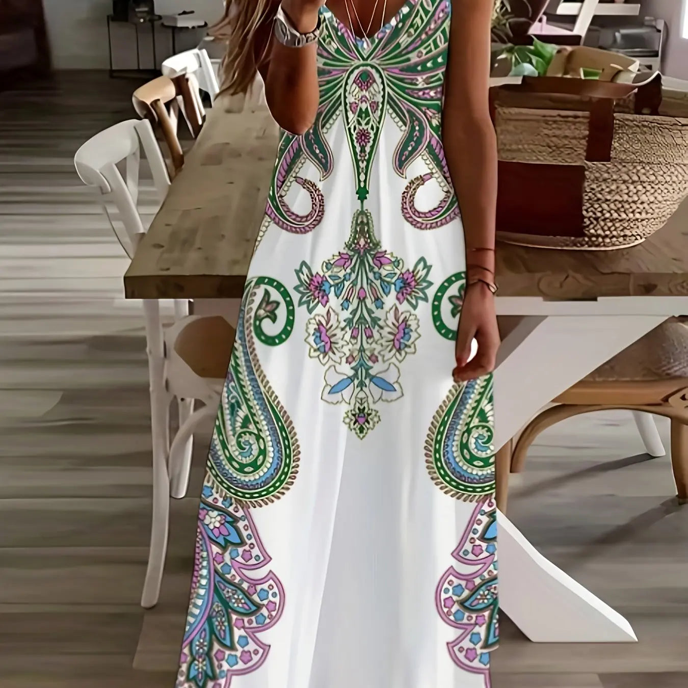Retro Fishing Net Print Sleeveless Suspender Ankle-Length Dress