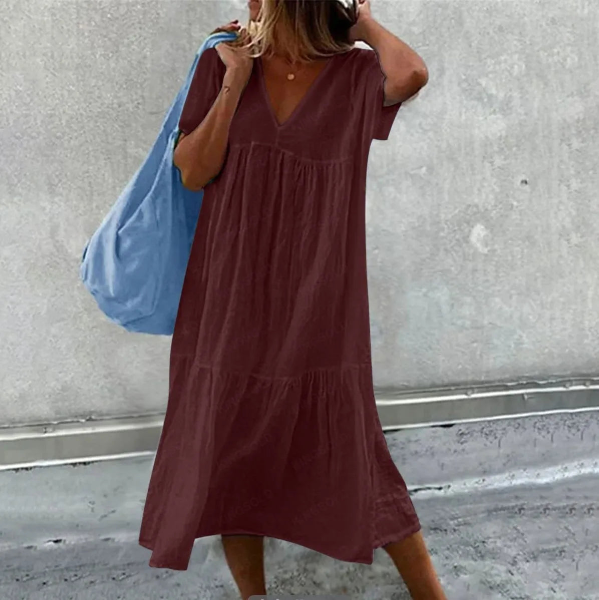 Solid Color Cotton Linen Midi Dress for Women – Casual V-Neck Short Sleeve Loose Fit