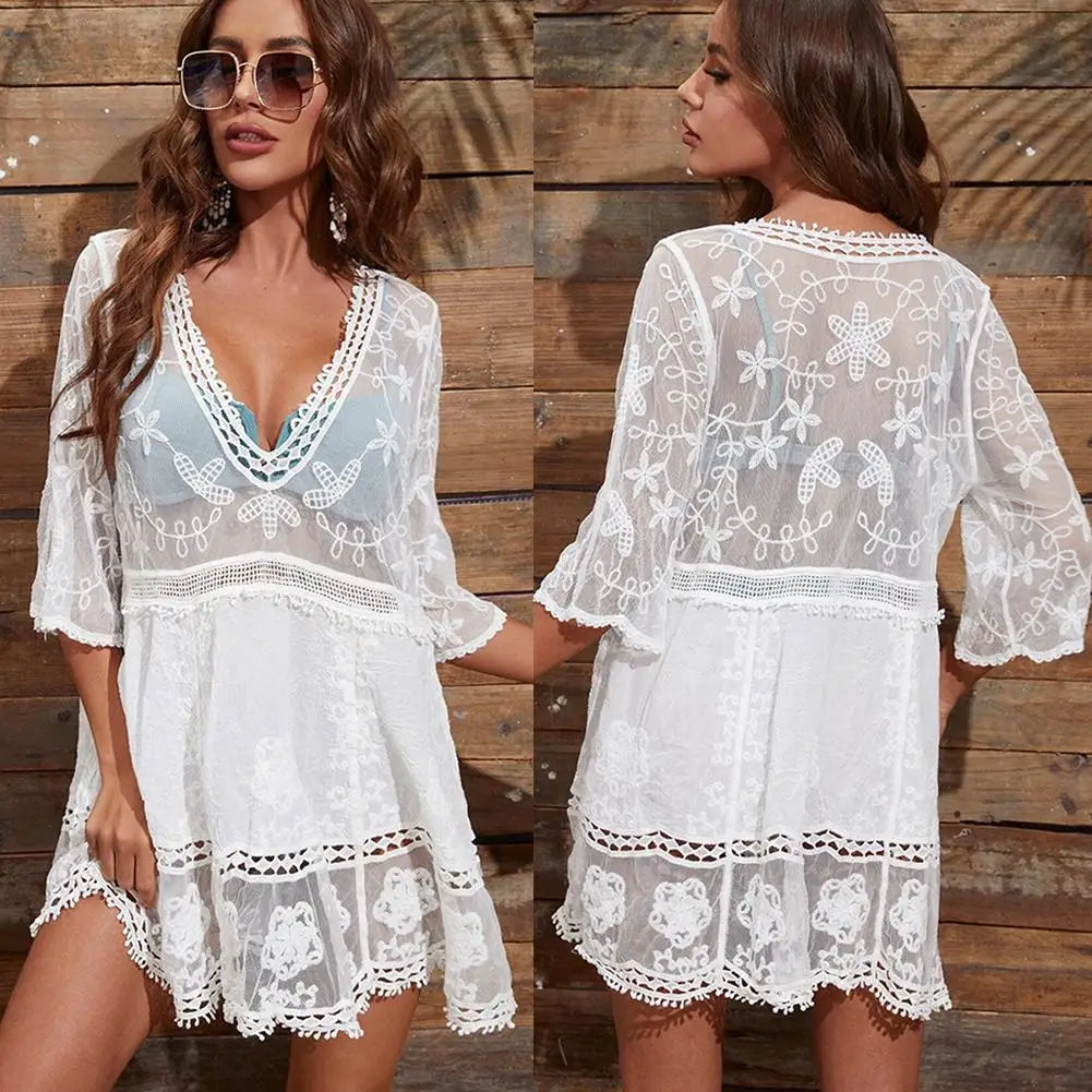Sexy Mesh Bikini Cover-Up – Women’s Deep V-Neck Lace Hollow Beach Dress