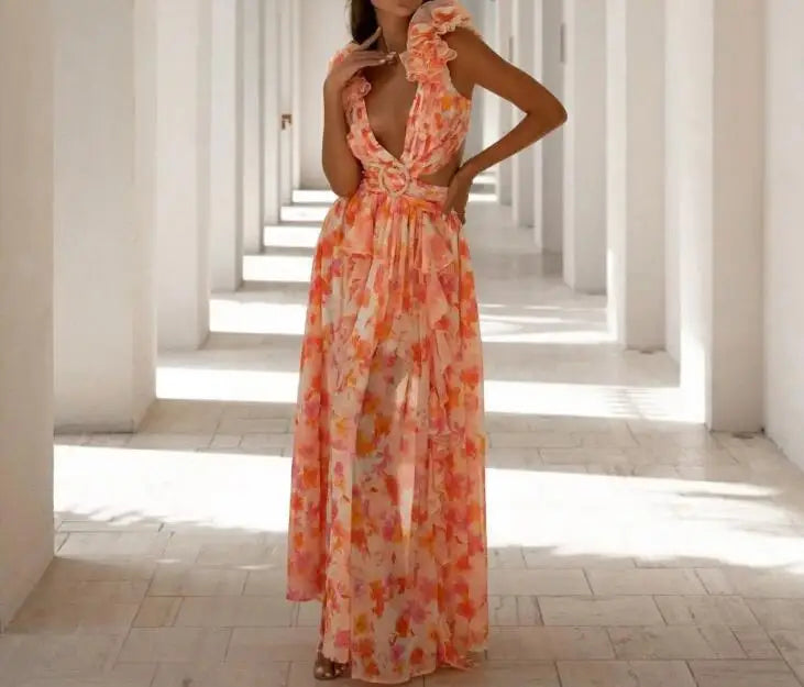 Women’s Sleeveless Hollow-Out Slim Fit V-Neck Floral Backless Dress