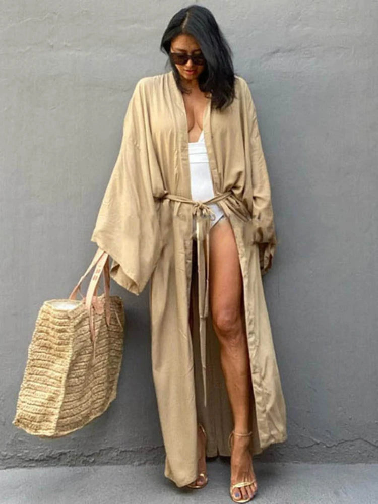 Solid Color Kimono Beach Cover-Up – Women’s Self-Belted Swimsuit Wrap Dress