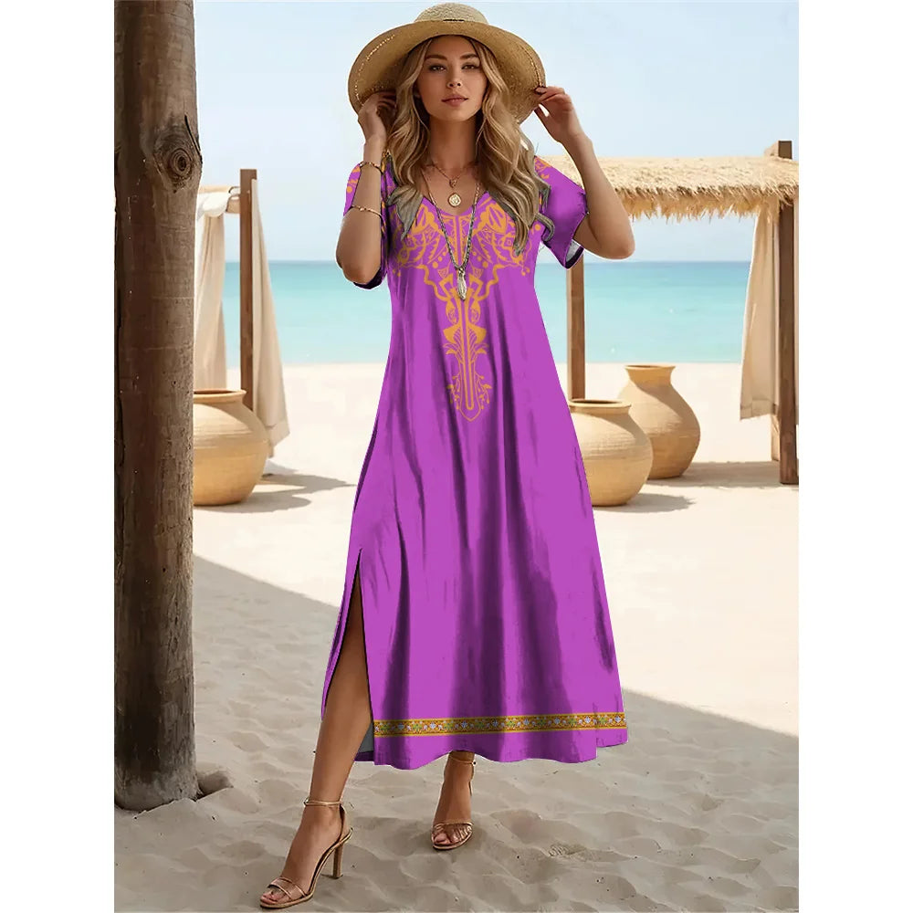 Robe longue fendue style bohème d'été – Robe pull à manches courtes et col en V pour femme