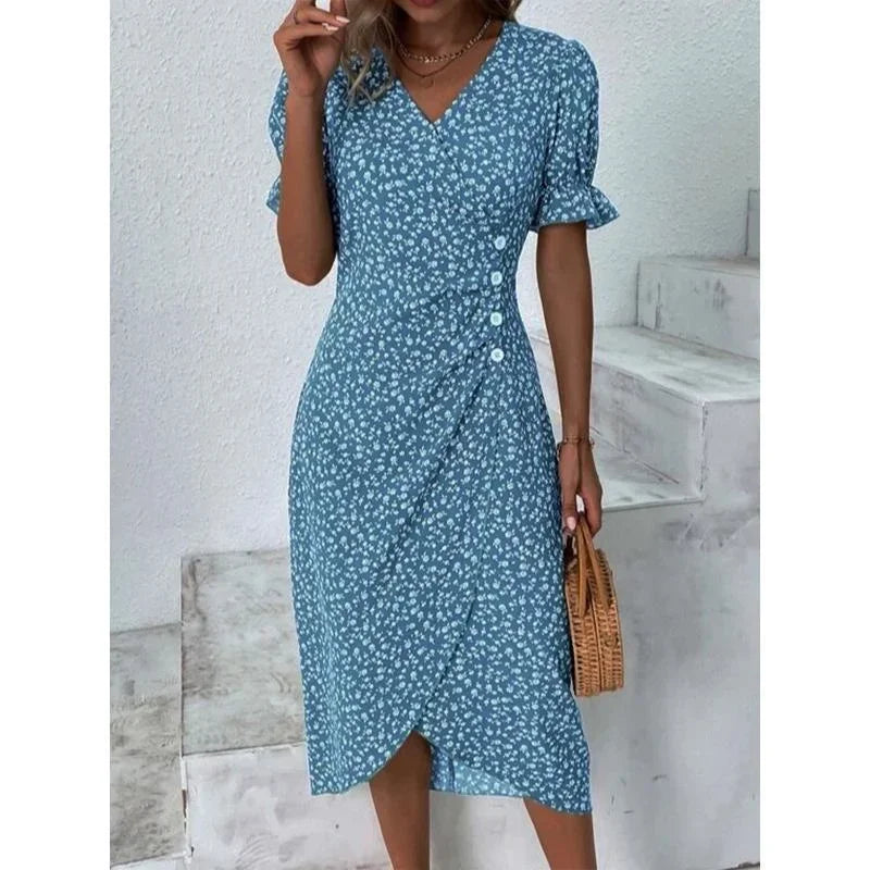 Elegant Floral Pleated Midi Dress with Puff Sleeves and Ruched Waist - Chic summer dress for women