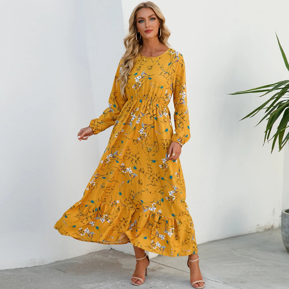 Bohemian Floral Maxi Dress for Women – Spring Summer Casual Long Sleeve Beach Dress