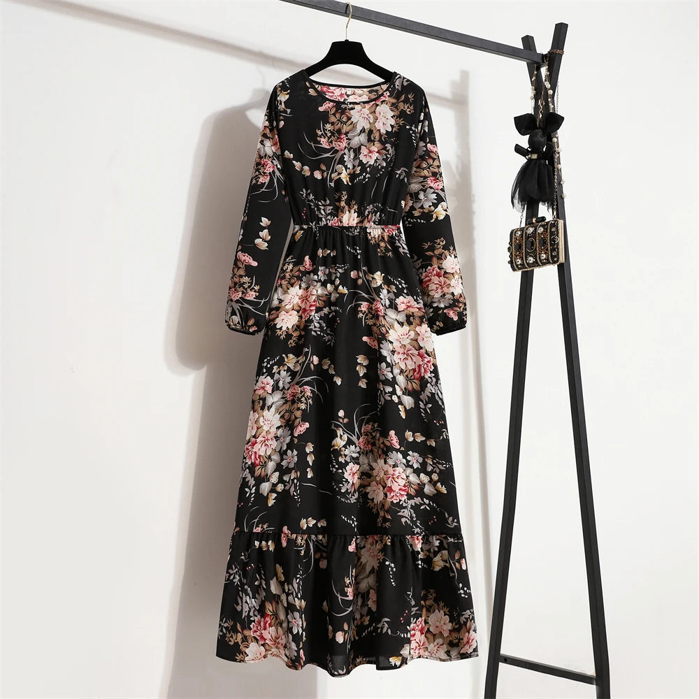 Spring Summer Women’s Floral Maxi Dress – Casual Full Sleeve Boho Beach Party Dress