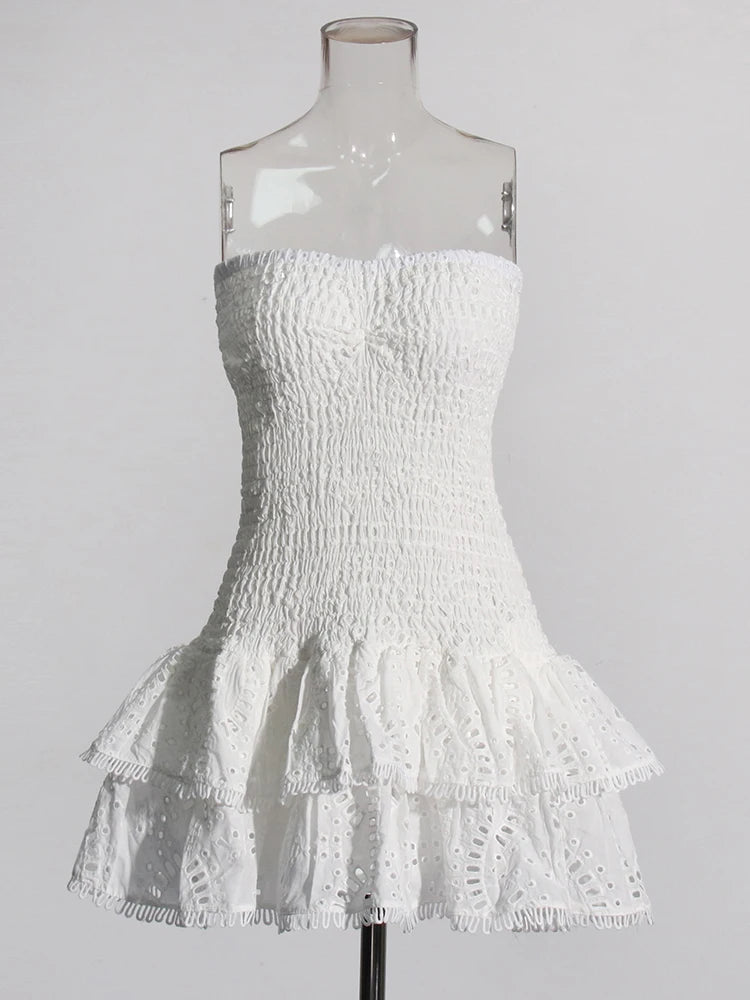 Designer Women’s Strapless Mini Dress – High Waist A-Line Dress with Ruffle Hem