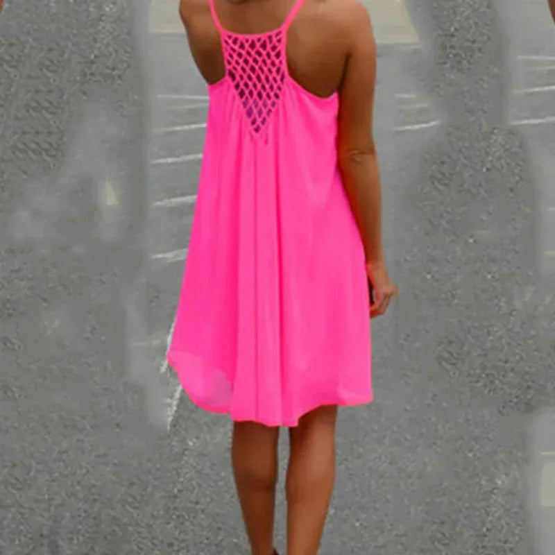 Loose Casual Summer Mini Dress – Sleeveless Spaghetti Strap Hollow-Out Bodycon