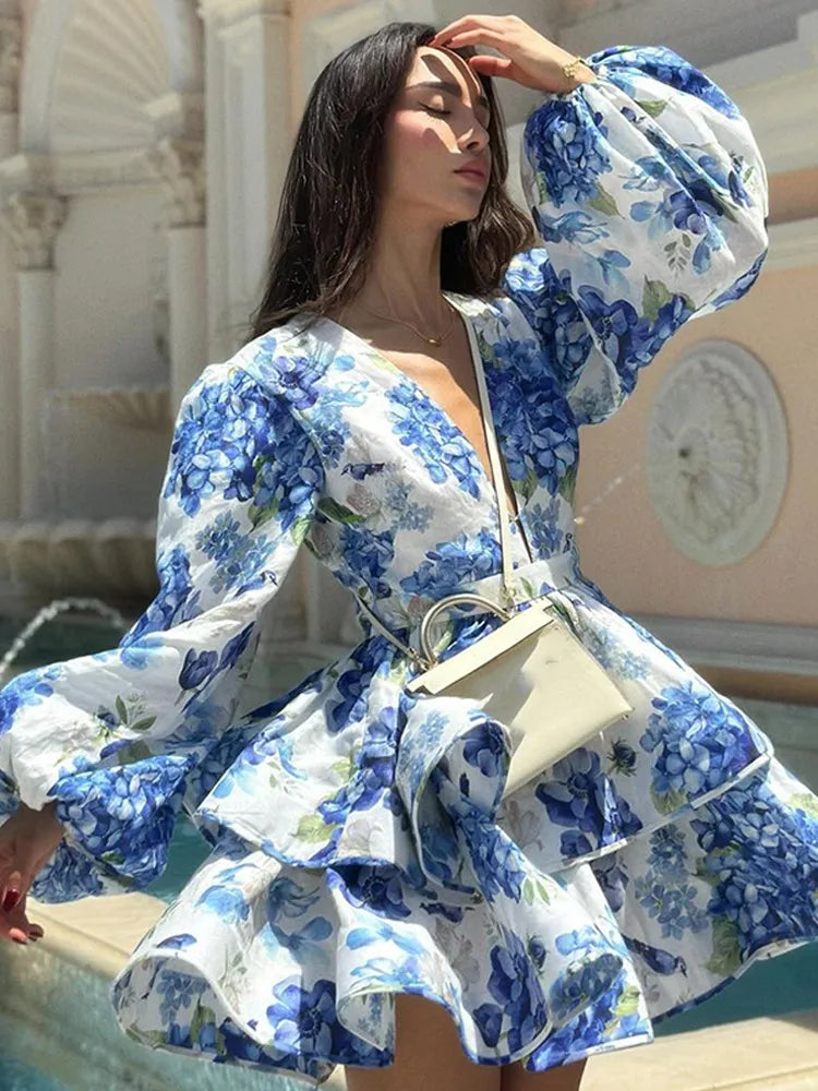Chic Printed Mini Dress – Women’s Ruffle Half Sleeve High Waist Short Dress