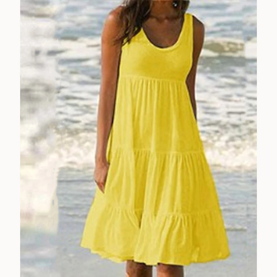 Women’s Casual O-Neck Sleeveless Ruffle Mini Dress – Boho Solid Beach Sundress
