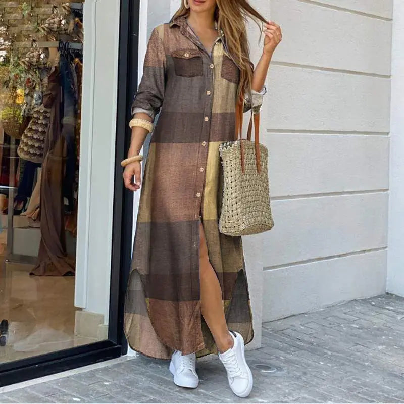 Elegant Women’s Long Sleeve Plaid Maxi Dress – Irregular Hem Shirt Dress with Buttons