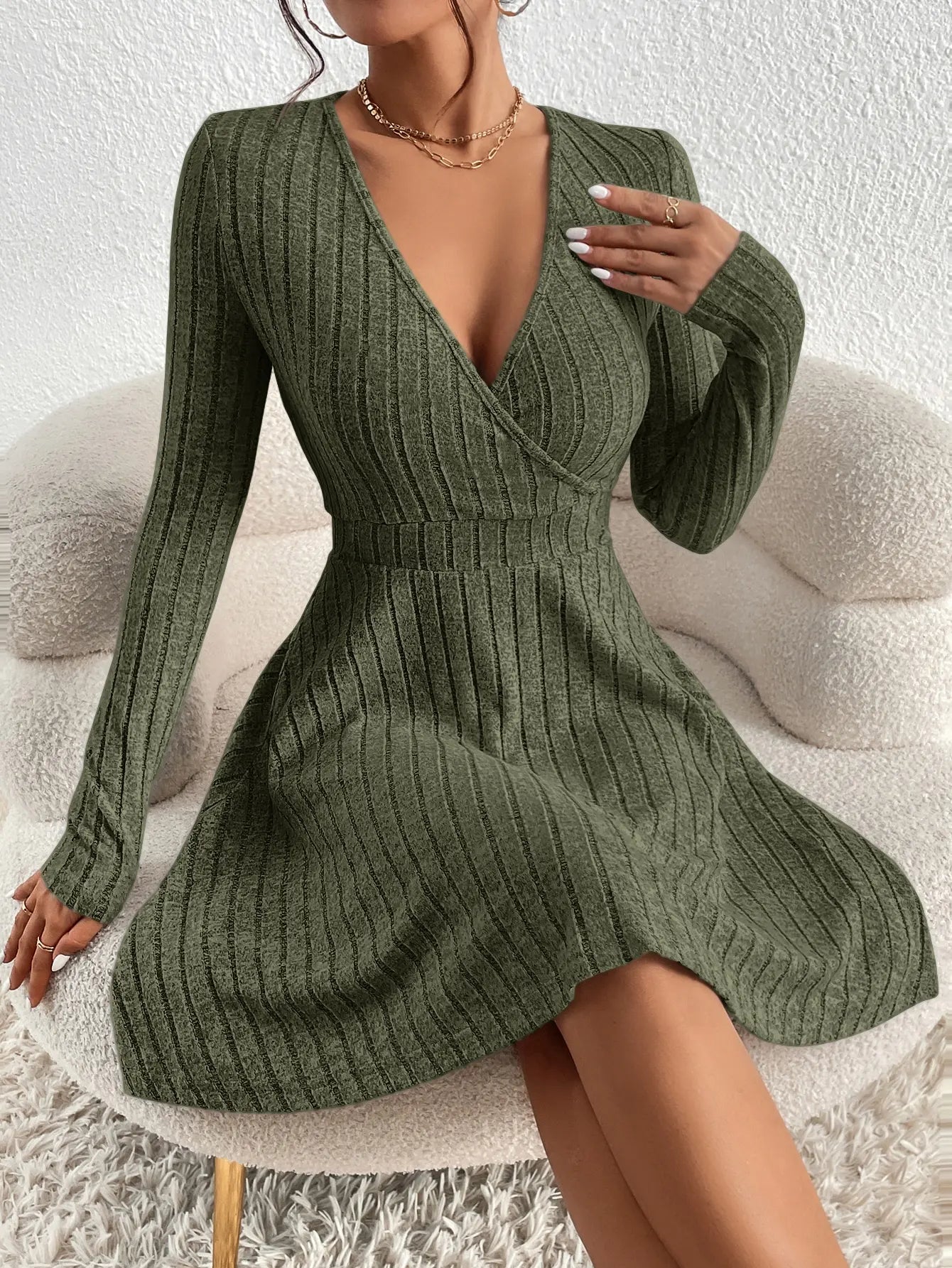 Slim Fit Knit Sweater Dress – Solid Color Long Sleeve Casual Bodycon Dress for Women