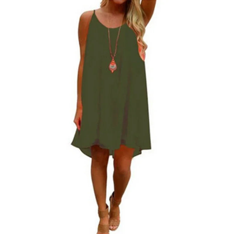 Loose Casual Summer Mini Dress – Sleeveless Spaghetti Strap Hollow-Out Bodycon