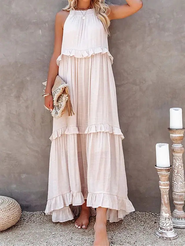 Robe longue dos nu à col licou – Robe de plage à volants et lacets pour femme