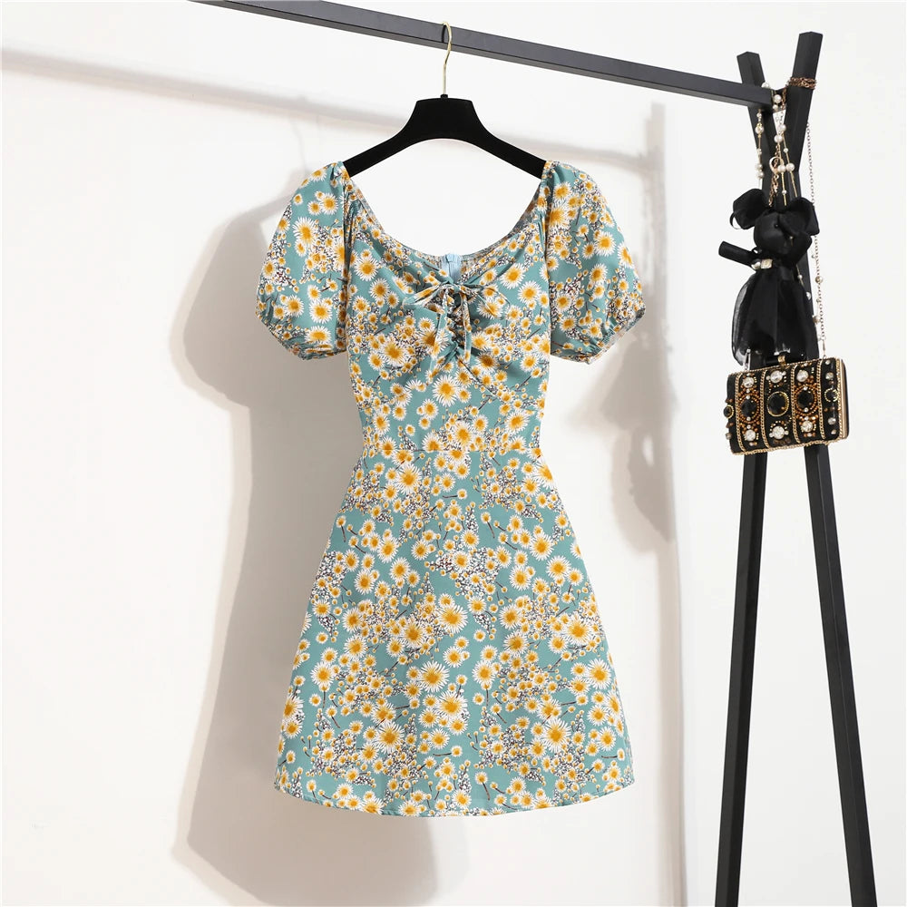 Women’s Summer Mini Dress – Floral Print Chiffon Shirring Pleated Puffy Sleeve Dress