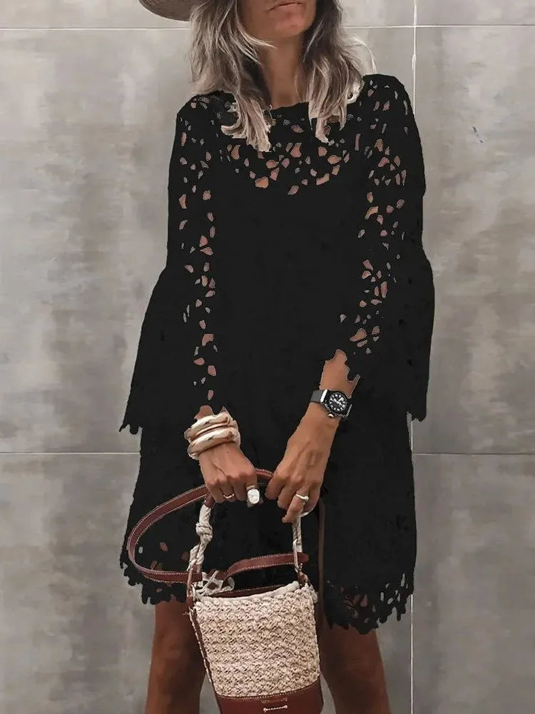 Lace Hollow Floral Dress – Elegant Long Sleeve Knee-Length Autumn Dress