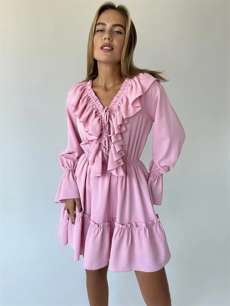 Talenza White Ruffle Bandage Mini Dress – Elegant V-Neck Lace-Up Long Sleeve Dress