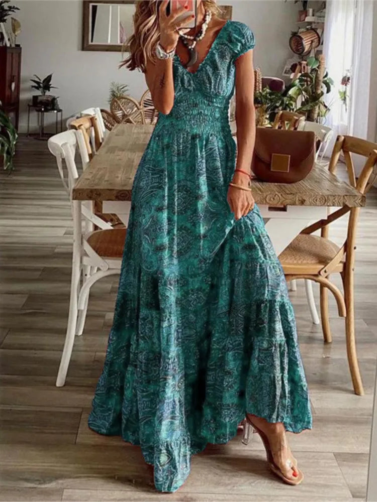 Summer Ethnic Printed A-Line Dress – Floral Petal Sleeves & Waist Detail