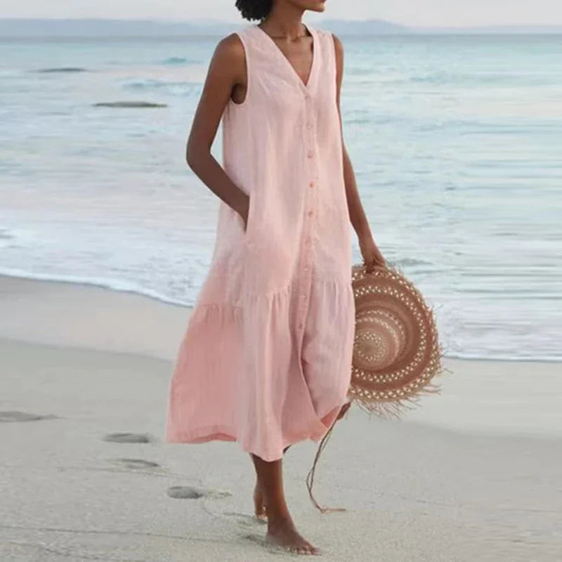Summer Cotton Linen Patchwork Dress – V-Neck Sleeveless Midi with Pockets