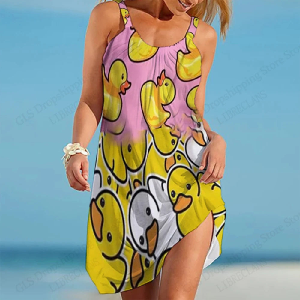 Hawaiian Beach Dress for Women – 3D Duck Print Summer Midi Strap Bohemian Sundress
