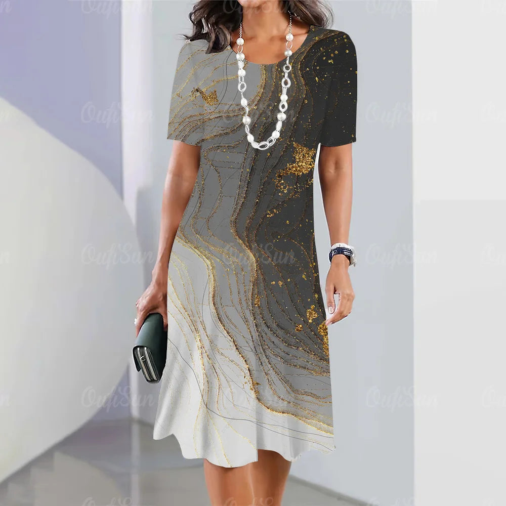 New Women’s Plus Size Midi Dress – Elegant Graphic Print Summer One-Piece