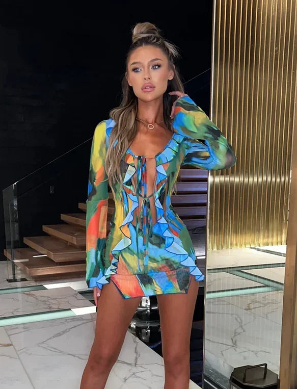 Robe courte moulante patchwork tie-dye pour femme – Manches longues avec fente à laçage