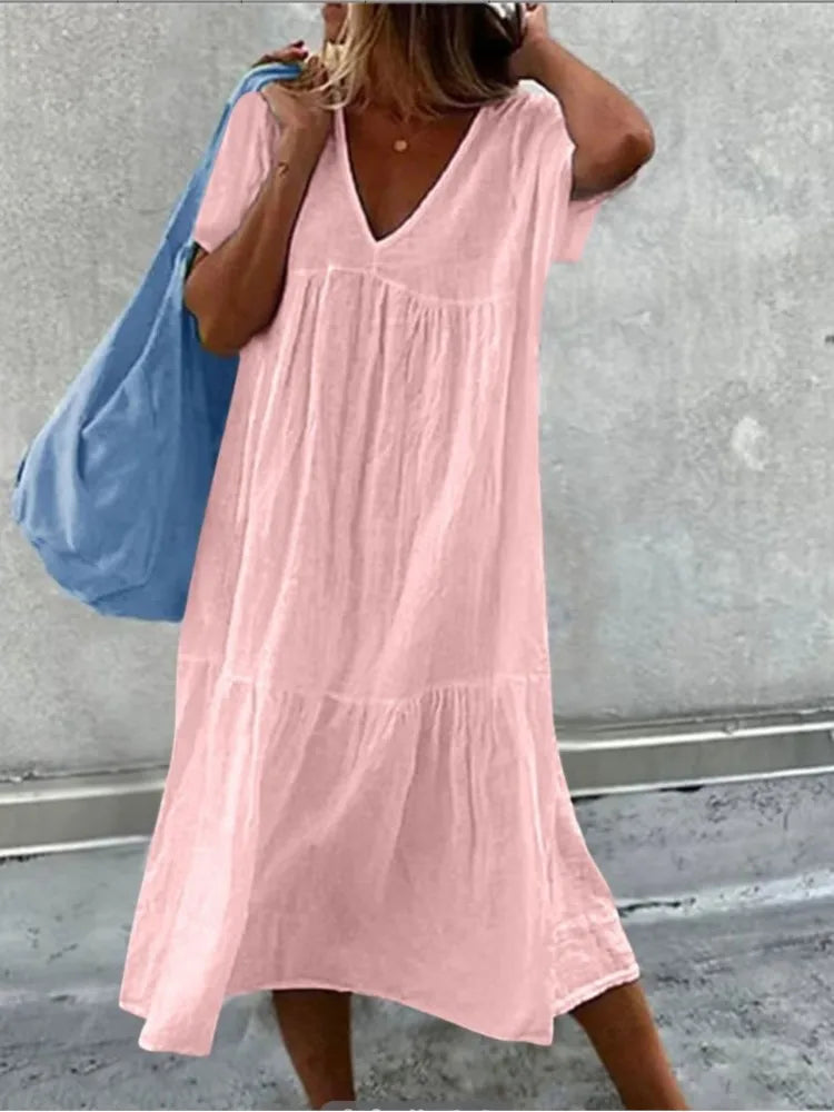 Solid Color Cotton Linen Midi Dress for Women – Casual V-Neck Short Sleeve Loose Fit