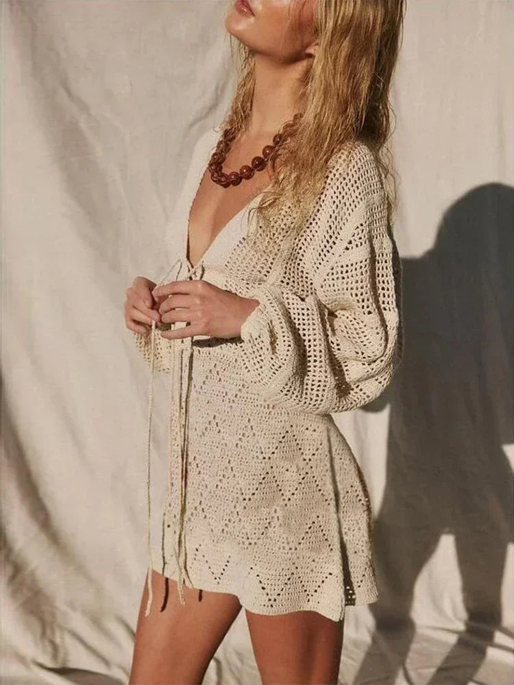 Sexy Deep V-neck Lace-up Mesh Mini Dress – Summer Beach Cover-Up