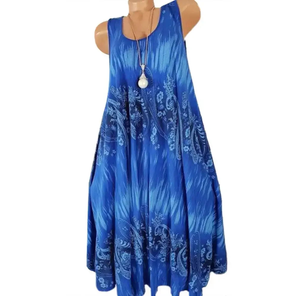 Women’s Summer Floral Pleated Dress – Round Neck Sleeveless Loose Plus Size Tank Dress