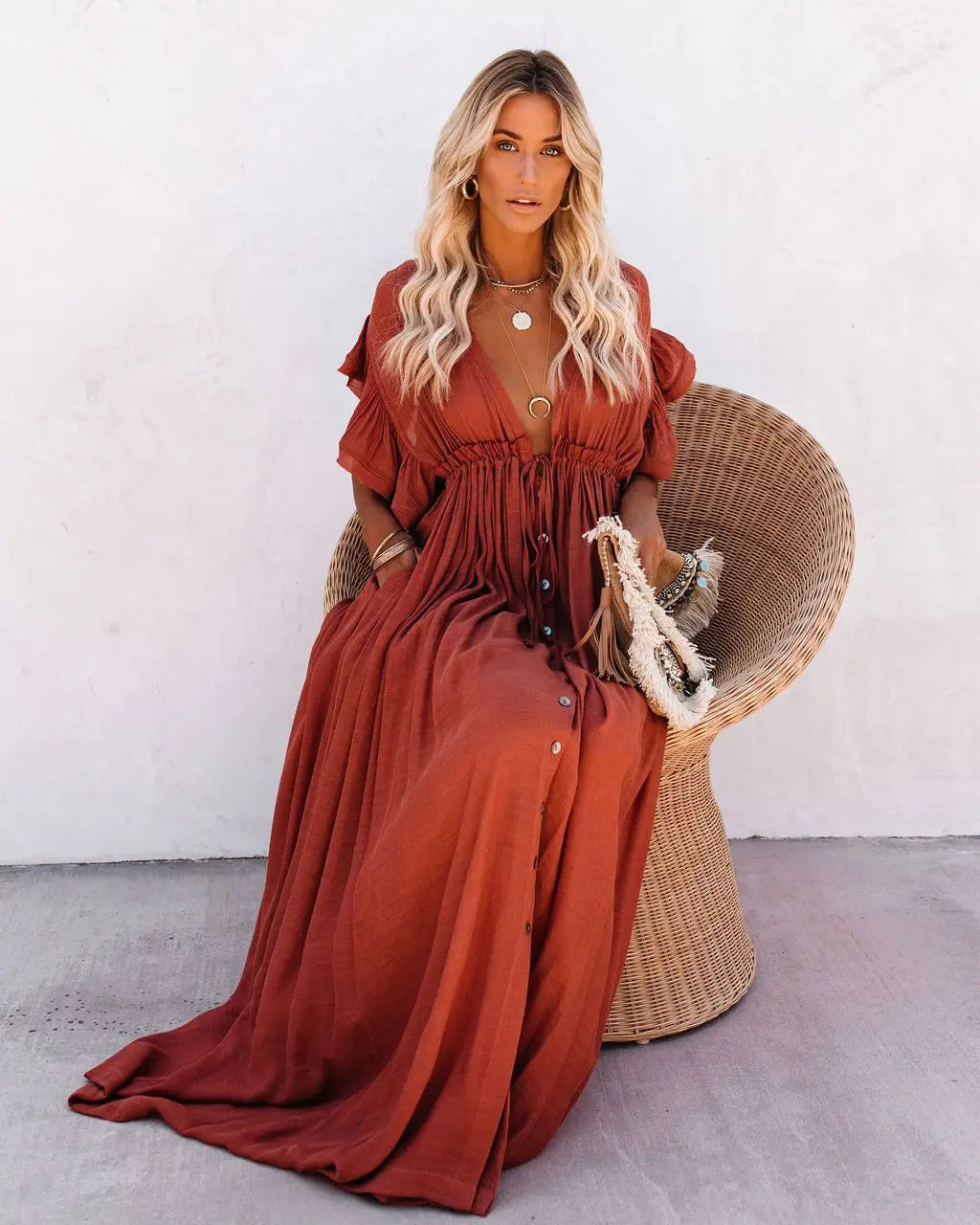 Summer Women’s V-Neck Kimono Bikini Cover-Up – Lace-Up Boho Beach Dress