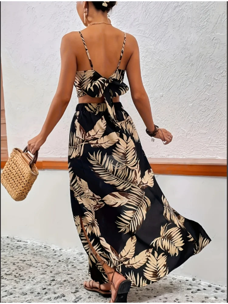 Women’s Sleeveless Low-Cut V-Neck Printed Dress with High Slit – Sexy Elegant Summer Set