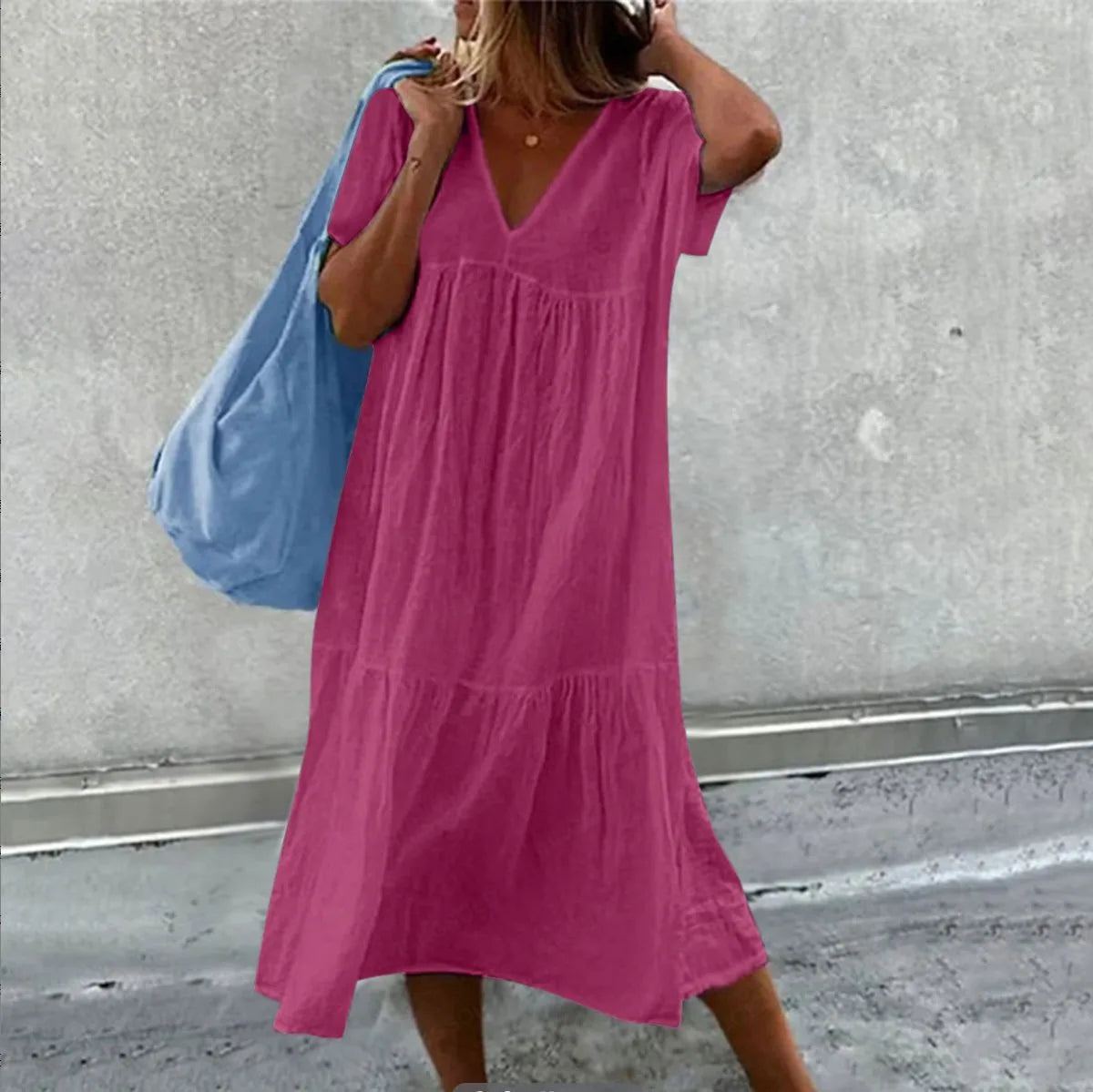 Solid Color Cotton Linen Midi Dress for Women – Casual V-Neck Short Sleeve Loose Fit