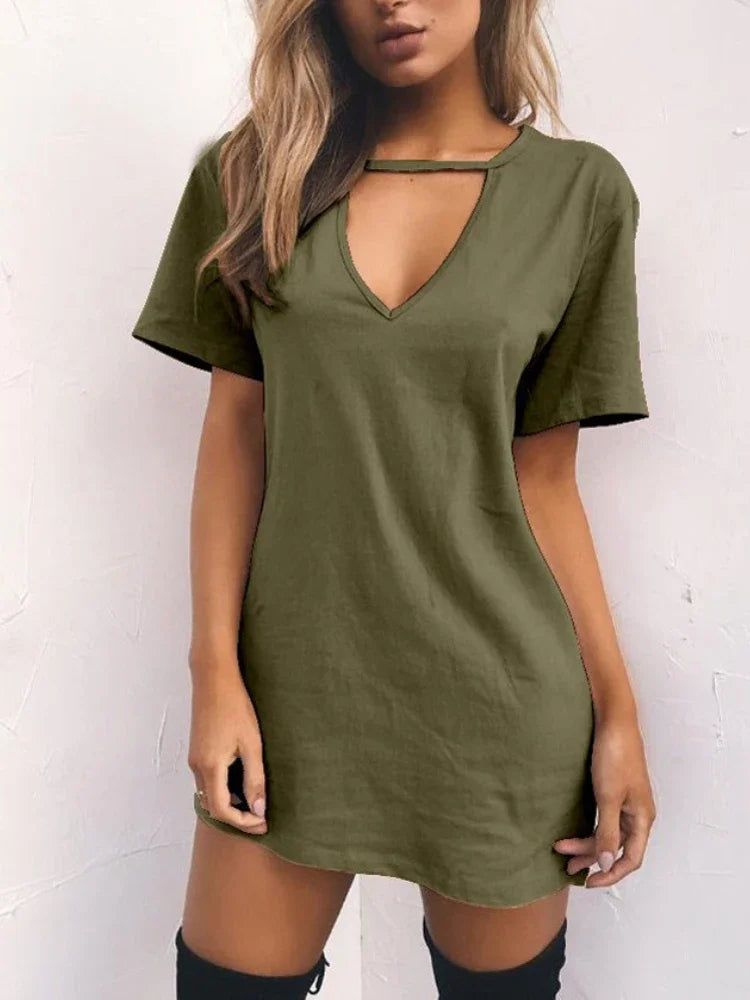 Sexy Elegant Wrap Mini Dress – Deep V Neck Cut-Out Loose Fit Short Sleeve Dress