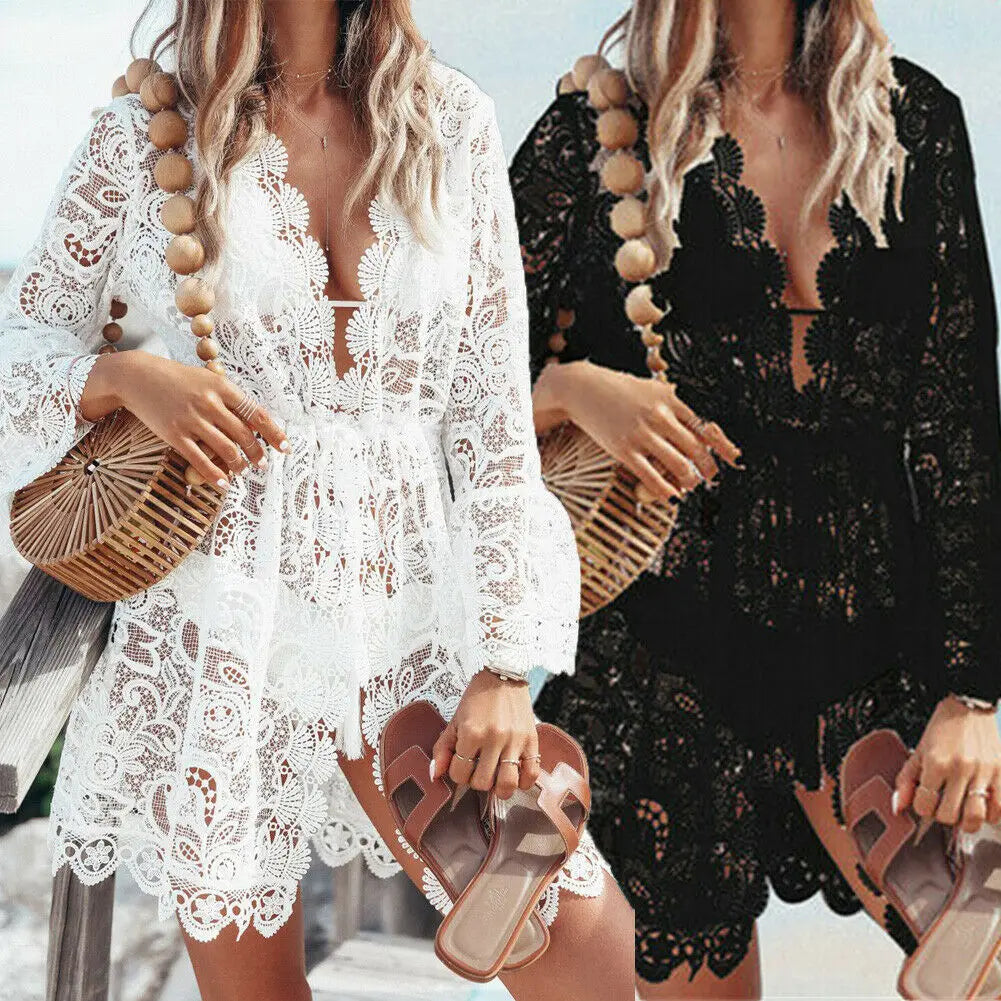 Sexy V-Neck Lace Beach Bikini Cover-Up – Boho Casual Summer Dress