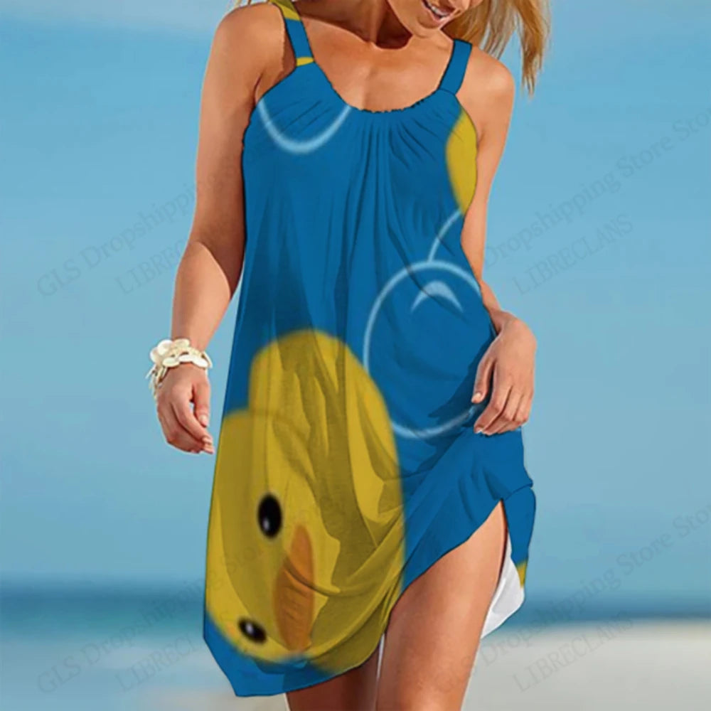 Hawaiian Beach Dress for Women – 3D Duck Print Summer Midi Strap Bohemian Sundress