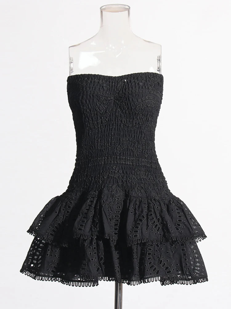Designer Women’s Strapless Mini Dress – High Waist A-Line Dress with Ruffle Hem