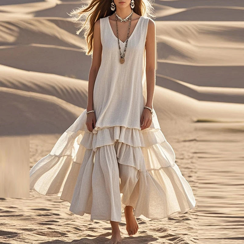Retro Solid Cotton Linen Pleated Maxi Dress – Women’s Boho V-Neck Summer Dress