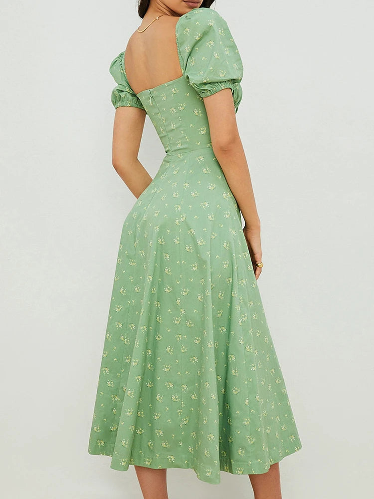 Summer Floral Puff Sleeve Dress – Elegant Long Dress for Women