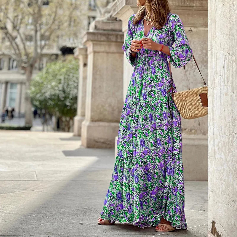 Elegant Women’s Flower Long Dress – Spring Bohemian Printed Abiye Dress