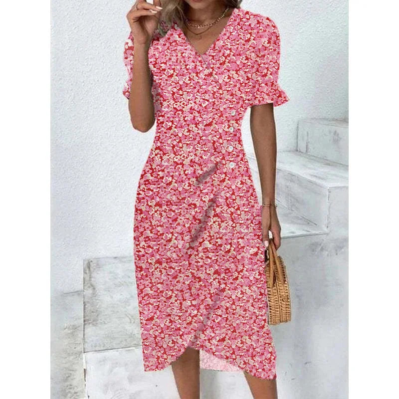 Robe midi plissée à fleurs élégante avec manches bouffantes et taille froncée