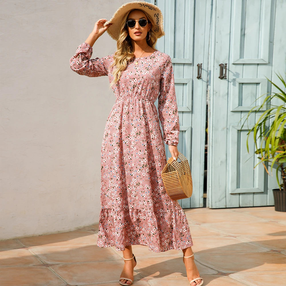 Bohemian Floral Maxi Dress for Women – Spring Summer Casual Long Sleeve Beach Dress