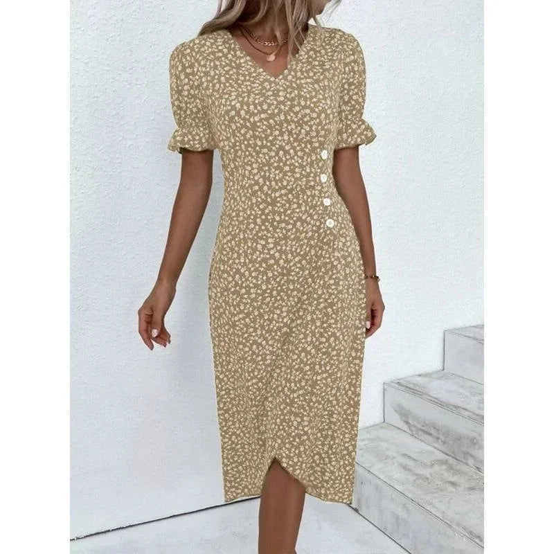 Robe midi plissée à fleurs élégante avec manches bouffantes et taille froncée
