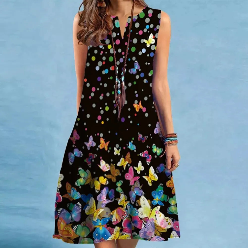 European & American Women's V-Neck Sleeveless Sexy Printed Large Hem Dress