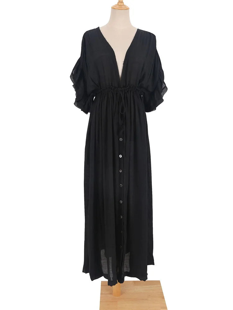 Bohemian Long Bikini Cover-Up for Women – V-Neck Lace-Up Kimono Swim Dress & Sarong Skirt