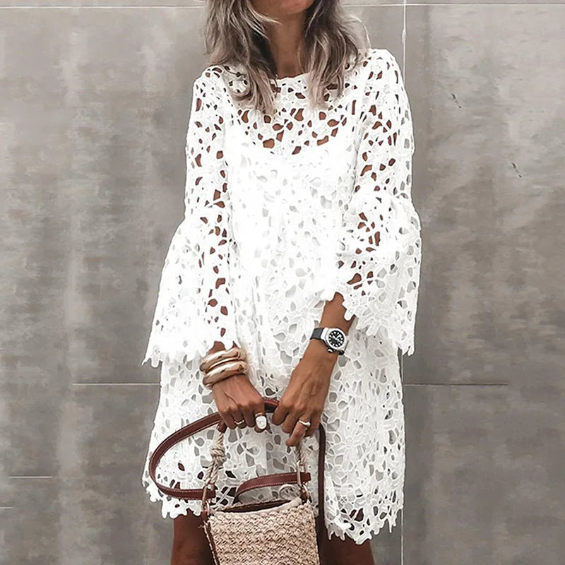 Lace Hollow Floral Dress – Elegant Long Sleeve Knee-Length Autumn Dress
