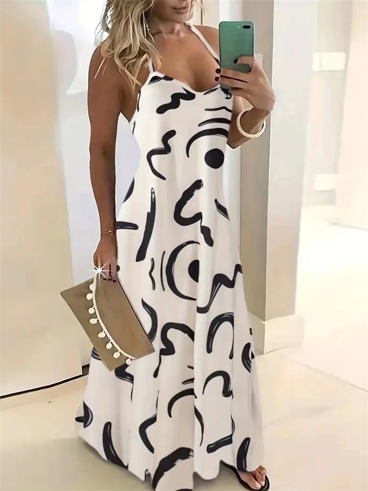 Women’s Summer Sleeveless Retro Strap Dress – Casual 3D Texture Print