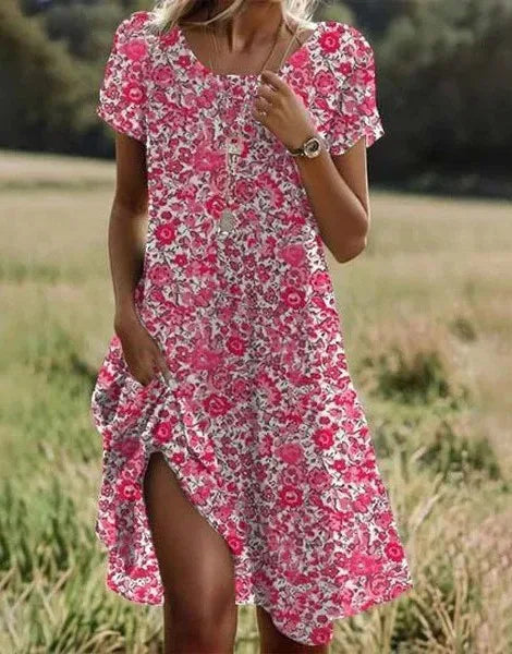 Bohemian Floral Print Dress for Women – Casual Short Sleeve O-Neck Summer Beach Holiday Dress