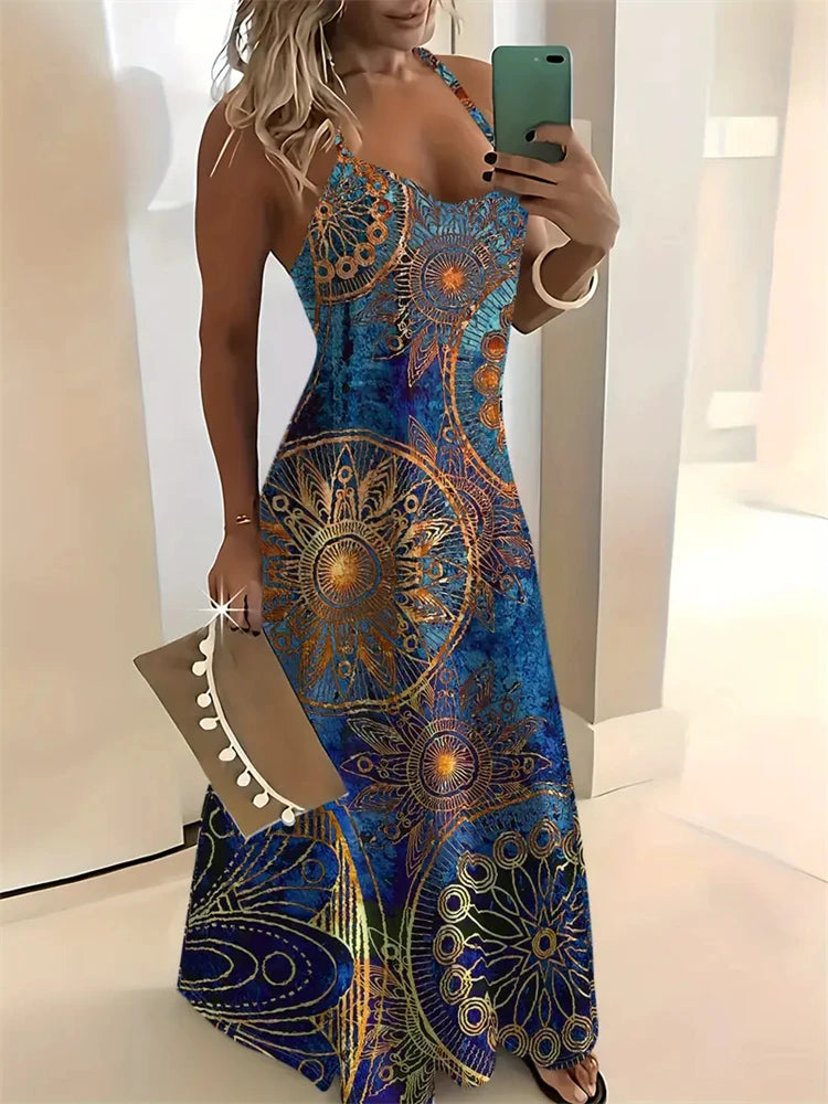 Women’s Summer Sleeveless Retro Strap Dress – Casual 3D Texture Print