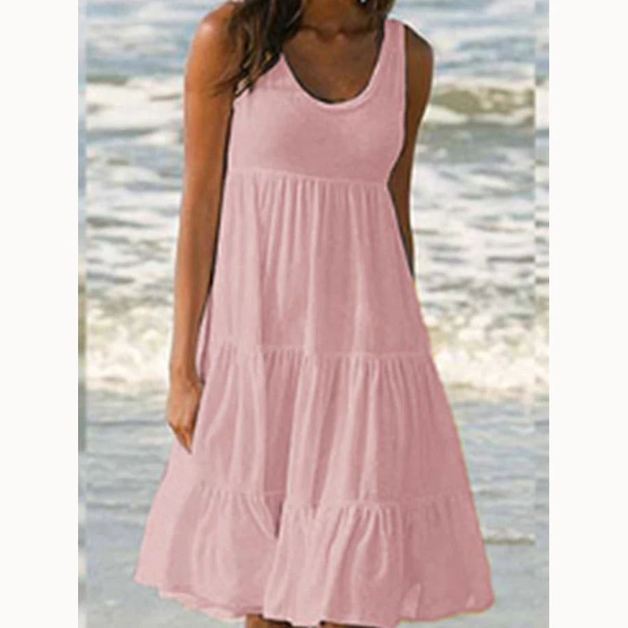 Women’s Casual O-Neck Sleeveless Ruffle Mini Dress – Boho Solid Beach Sundress