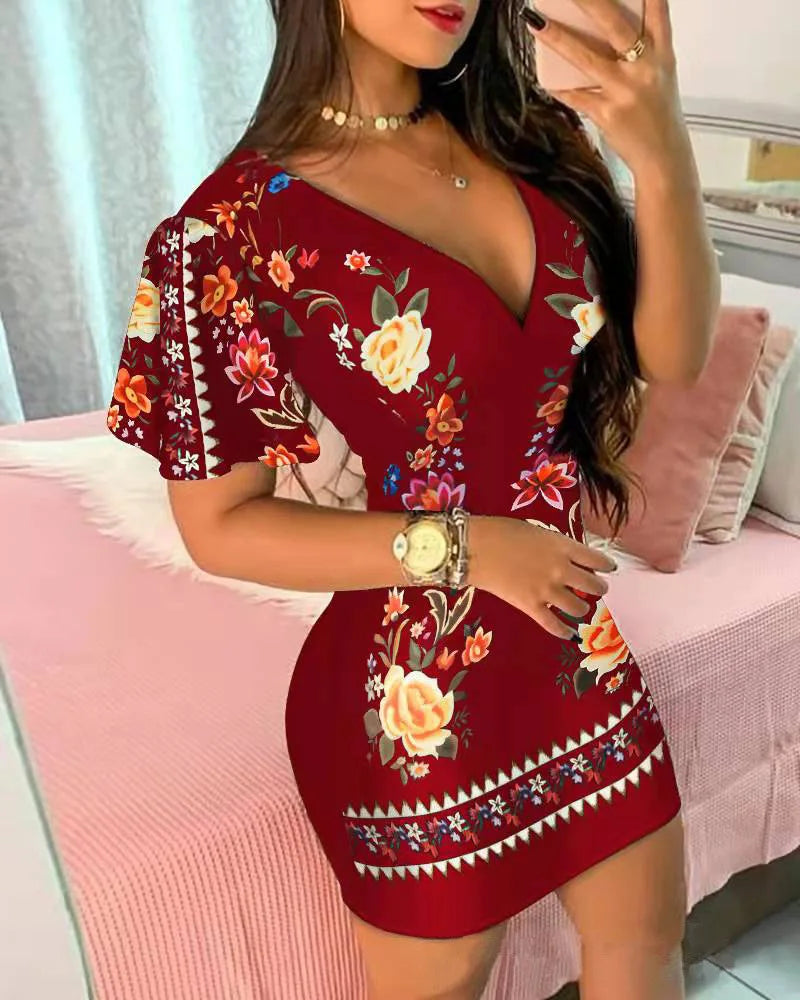 Summer Floral Print Bodycon Mini Dress Women